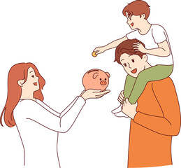 Teaching child financial literacy in young family, using pig piggy bank to save money. Parents who know about financial literacy help little boy accumulate first capital in preschool age.