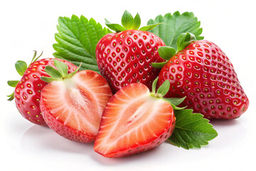 Sweet Temptation: A collection of ripe, vibrant strawberries, their juicy red flesh and verdant leaves in a mouthwatering display of nature's bounty. 