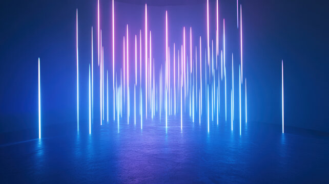 Abstract Neon Light Installation with Vertical Blue and Pink Glowing Lines Reflection - Powered by Adobe