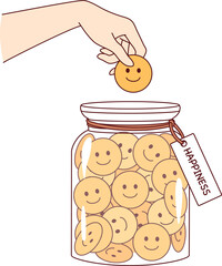 Hand of human collecting happiness, putting positive emojis into jar, for concept of preserving fun moments in life. Person who collects happiness to maintain mental health and avoid depression