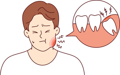 Tooth pain causes inflammation of cheek in suffering man who needs dental help or painkillers. Guy has problem with tooth pain due to poor hygiene and lack of daily use of toothpaste.