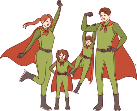 Family of superheroes in green suits with capes demonstrates readiness for heroic deeds and saving world. Men and women, along with small children, dress up in superheroes attire for carnival.