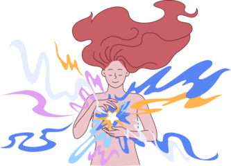 Esoteric energy inside smiling woman, with glow in chest symbolizing pure soul. Mysterious girl with long hair is passionate about esoteric and feels multi-colored aura emanating from body