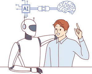 Collaboration of AI and business man using modern technologies or innovations to improve work. Robot with AI hugs colleague proud of implementation of artificial intelligence in job process