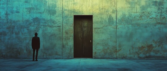 A solitary figure stands before a large door on a textured wall, inviting curiosity and a sense of mystery.