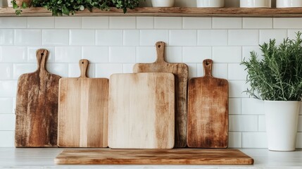 A striking arrangement of rustic wooden cutting boards against a white tiled backdrop, reflecting the charm of traditional craftsmanship in a modern kitchen.
