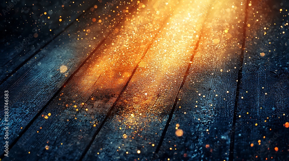 Poster golden light falls on a wooden floor, sparkling, creates a vibrant abstract background for design an