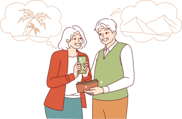 Cash stash for summer travel for seniors dreaming of trip to beach or cruise to island paradise. Cash stash for opportunity to go at tropical resort with palm trees and beautiful nature