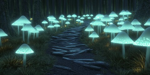 Serene forest hike with glowing bioluminescent mushrooms illuminating darkened trails, inviting exploration into nature's magical wonders.