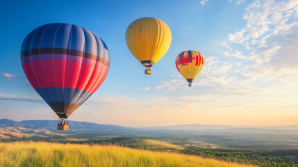 Naklejka premium Colorful hot air balloons rise over scenic landscape at sunrise outdoor adventure nature photography vibrant sky
