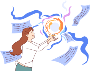 Woman tests artificial intelligence to generate text messages using neural networks, stands near flying letters. Girl uses neural networks and ai to obtain content for website and social media