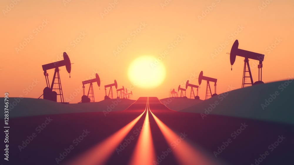 Poster several pumpjacks extracting fossil fuel at sunset create a striking scene in a desert landscape, wi