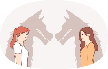 Woman werewolves with bad intentions smile, hiding evil nature and desire to harm partner. Girls werewolves with shadow of wolves demonstrate duplicity and aggression hidden behind positive emotions