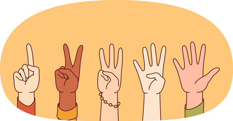 Obraz premium People hands show numbers from 1 to 5 , assessing quality of services received or goods purchased. Numbers one, two, three, four and five showing people of different races and nationalities