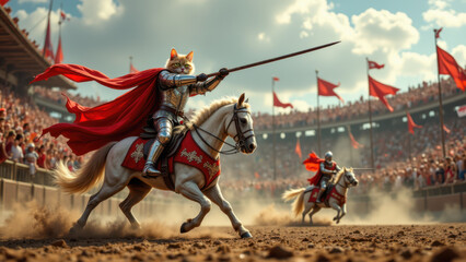 A majestic cat warrior on horseback, commanding an army.