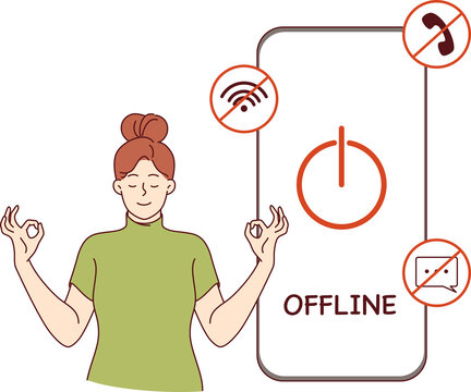 Digital detox for woman meditating near switched off mobile phone to restore psychological health. Importance of digital detox to avoid unnecessary stress caused by bad news and online bullying