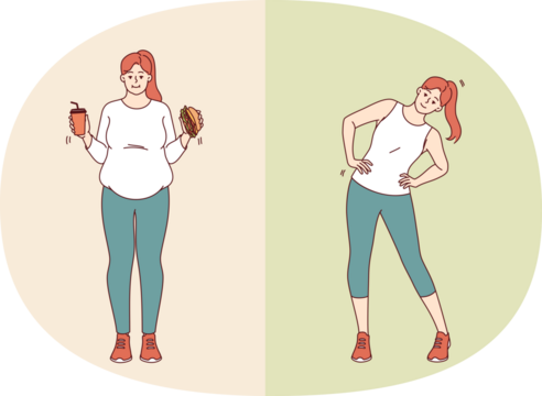 Obesity woman lost weight thanks to diet and exercise and acquired beautiful and slender body. Girl got rid of obesity after stopping eating junk food or soda from fastfood restaurants