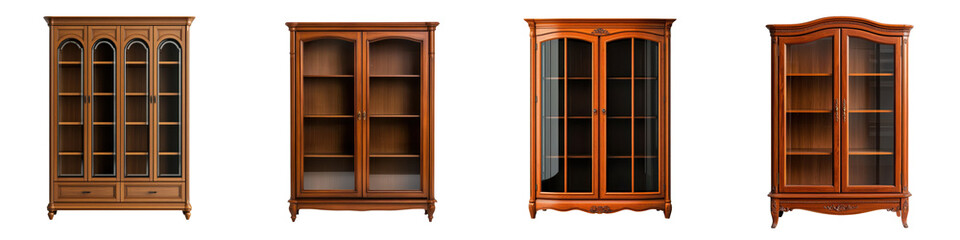 Collection of elegant and traditional wooden bookcases display cabinets and storage units with ornate carvings glass doors and multiple shelves for showcasing collectibles books