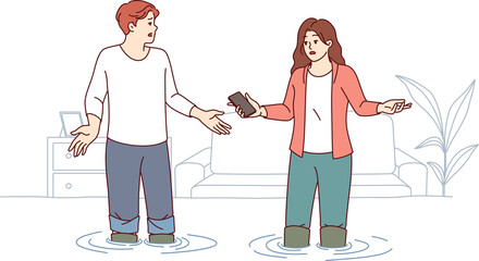Man and woman are standing in flooded apartment, knee-deep in water, due to neighbors pipes...