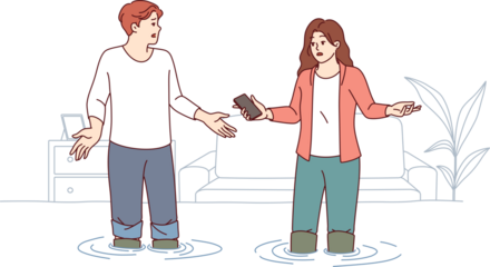 Man and woman are standing in flooded apartment, knee-deep in water, due to neighbors pipes bursting. Confused couple in boots inside flooded house, because of flooding caused by clogged sewage