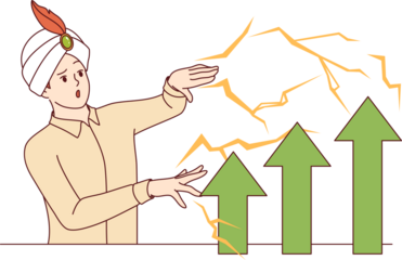 Man in wizard hat demonstrates business magic, increasing financial performance using fraudulent methods. Male sorcerer uses magic or tricks to improve economic performance of company