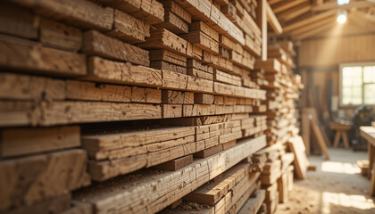 "Stack of Wooden Planks in a Well-Lit Workshop with Woodworking Tools"