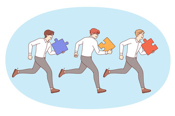 Teamwork of business men running together side by side with puzzle pieces in hands to complete task. Teamwork or competition between office clerks competing for leadership for career success