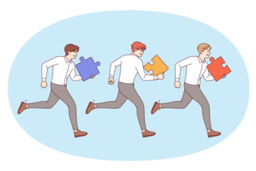 Teamwork of business men running together side by side with puzzle pieces in hands to complete task. Teamwork or competition between office clerks competing for leadership for career success