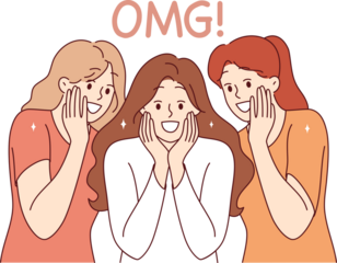 Enthusiastic girls shout OMG, seeing amazing commercial offer and big discounts on shopping. Word OMG near smiling women experiencing amazement and delight due to good coincidence of circumstances