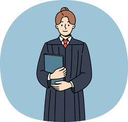 Judge woman in robe stands with book in hands, inviting to participate in meeting and make verdict based on law and justice. Girl judge is ready to work on arbitration or resolve legal conflicts