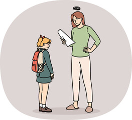 Mother upset because of daughter poor school grades, or note from teacher asking to visit principal. Sad schoolgirl bashfully shows mom results of school test with unsatisfactory grade