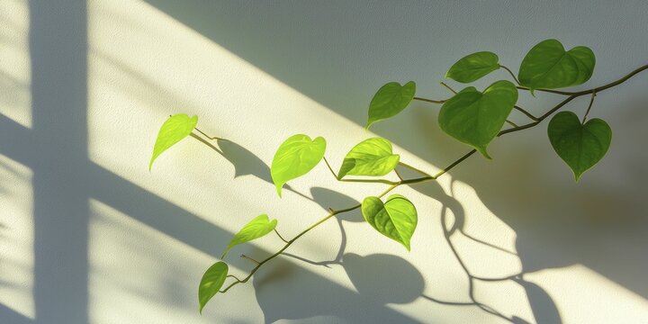 Soft glowing shadows of houseplants on illuminated walls, gentle leaves forming natural patterns and textures, fostering calmness and harmony with nature.