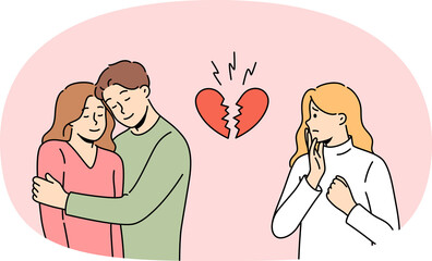 Love triangle between woman upset because of boyfriend who was accused of cheating. Broken heart near love triangle of couple and envious girl suffering from unrequited sympathy for man