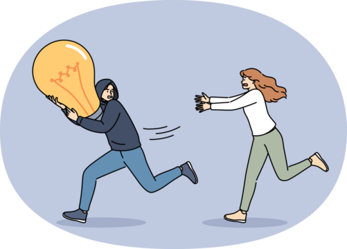 Man runs away with stolen idea and holds light bulb, trying to hide from woman accuses robber of plagiarism. Concept of problem of copyright infringement and plagiarism or theft of innovative ideas