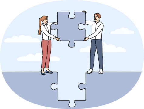 Business team working together jobs to build solid project and holding puzzle piece in hands. Happy man and woman doing team work to achieve common goal and launch successful startup. - Powered by Adobe