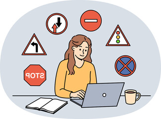 Woman studies traffic rules via laptop, preparing to take theoretical exam to obtain driver...