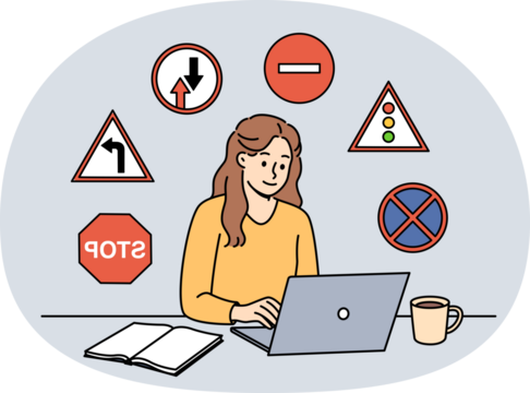 Woman studies traffic rules via laptop, preparing to take theoretical exam to obtain driver license. Girl student sits among road signs, studying traffic rules laws for car drivers