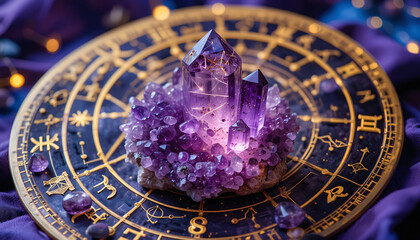 "Amethyst Crystals on Astrological Chart with Gold Detailing"