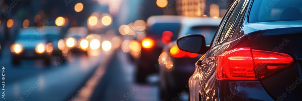 Poster traffic jam at dusk with city lights illuminating the road in the background. generative ai