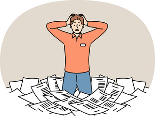 Paperwork and bureaucracy frighten man standing among pile of paper documents and clutching head. Problem of overabundance of paperwork for puzzled clerk or civil service employee.