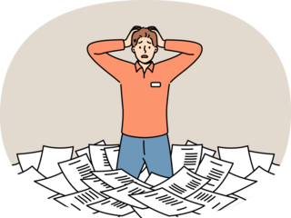 Paperwork and bureaucracy frighten man standing among pile of paper documents and clutching head. Problem of overabundance of paperwork for puzzled clerk or civil service employee.