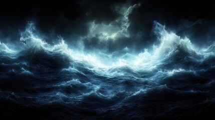Stormy Sea, Lightning, Night, Waves