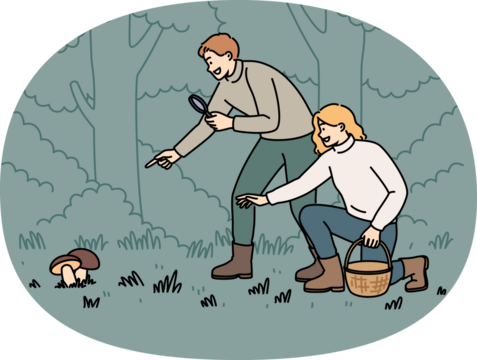 Man and woman are searching for mushrooms in forest using wicker basket and magnifying glass. Guy and girl collect mushrooms in national natural park, after harvest season or rainy weather