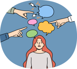 Women hear misogyny and discriminatory remarks from men pointing fingers at frustrated victim. Problem of misogyny based on gender stereotypes and infringement of rights of girls in workplace