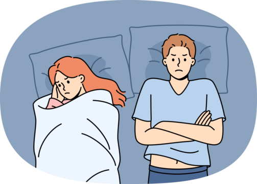 Quarreling couple lies in bed with sad emotions after unsuccessful sexual intercourse due to impotence. Problem of developing phobia in girl who is victim of misogyny and gender discrimination at work