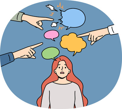 Women hear misogyny and discriminatory remarks from men pointing fingers at frustrated victim. Problem of misogyny based on gender stereotypes and infringement of rights of girls in workplace