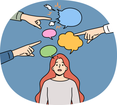 Women hear misogyny and discriminatory remarks from men pointing fingers at frustrated victim. Problem of misogyny based on gender stereotypes and infringement of rights of girls in workplace