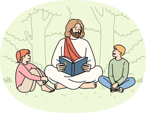 Jesus christ reads bible to little children sitting in park, talking about christian religion. Concept of christian education for pre-teen kids, and study of gospel and sacred commandments