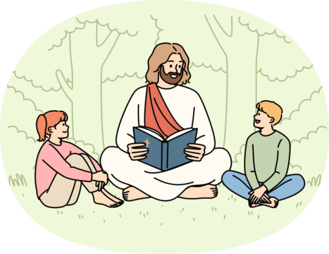 Jesus christ reads bible to little children sitting in park, talking about christian religion. Concept of christian education for pre-teen kids, and study of gospel and sacred commandments