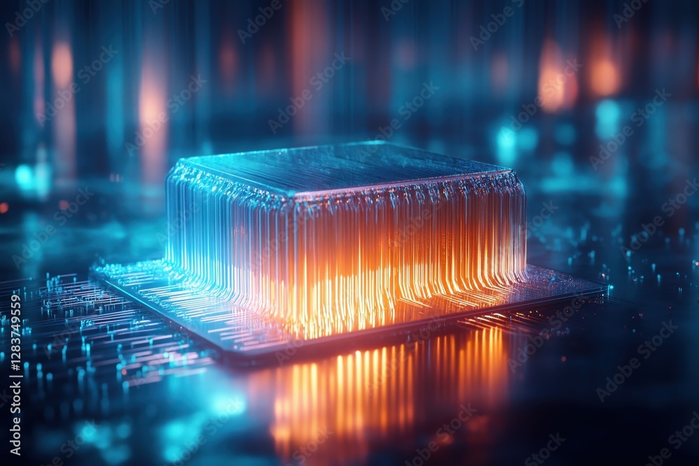 Poster futuristic quantum processor with glowing neon elements in abstract background